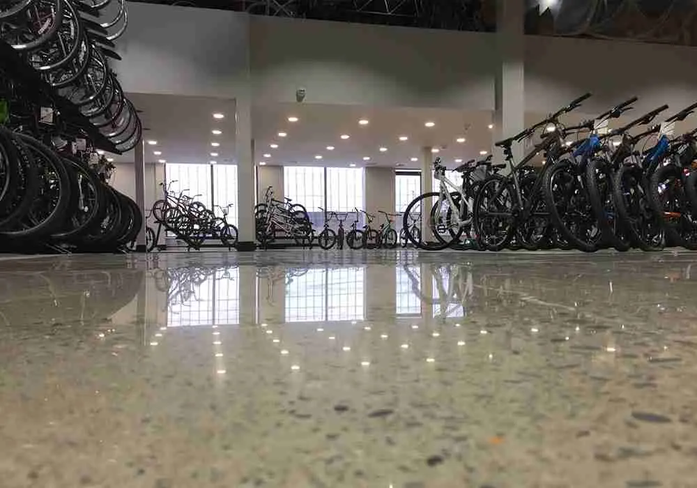 Polished concrete floor in a bicycle showroom