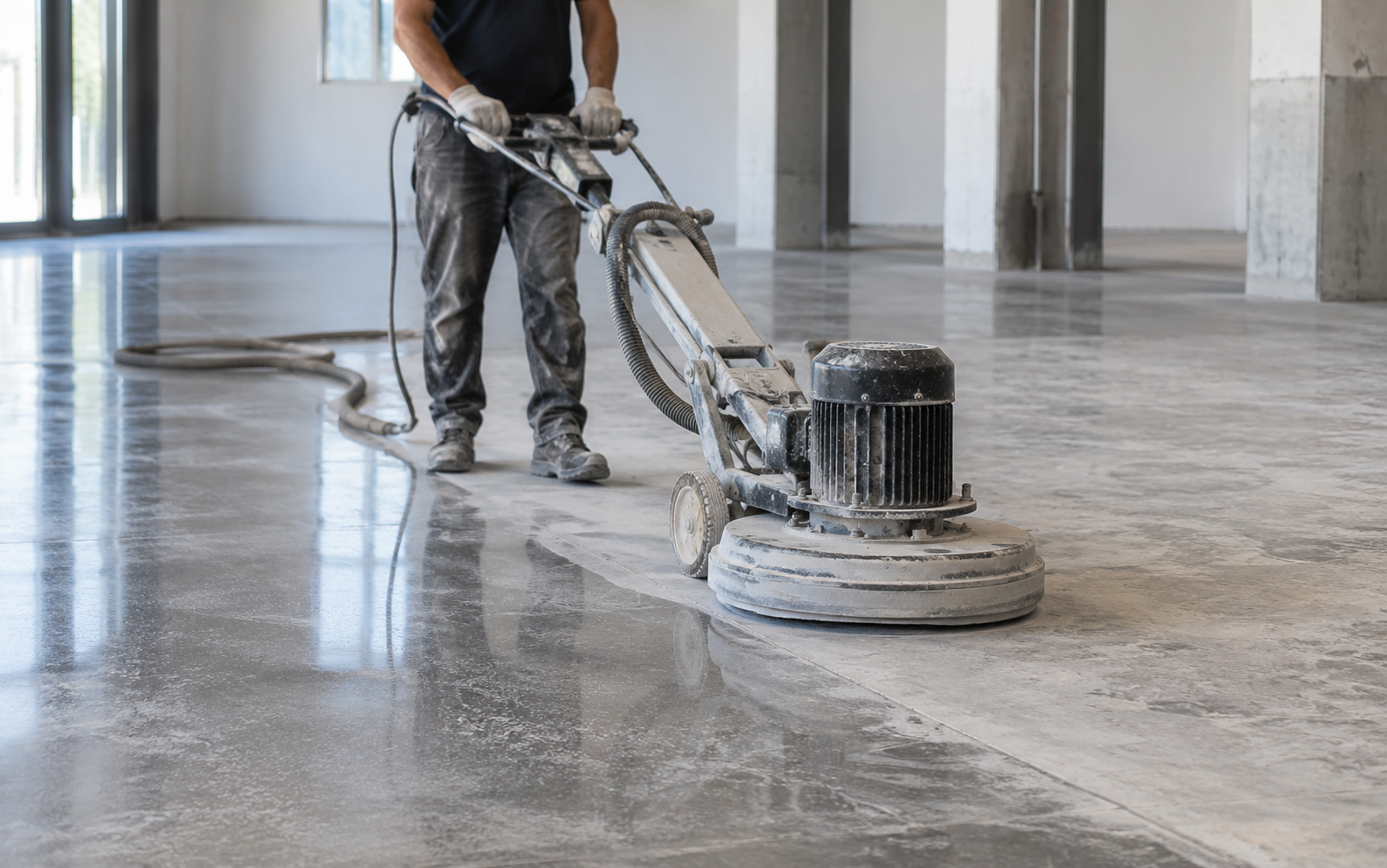 Concrete floor polishing in progress inside a commercial space