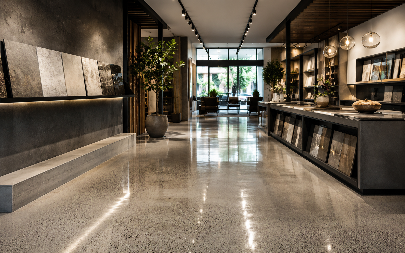Modern commercial showroom with polished concrete flooring and premium displays