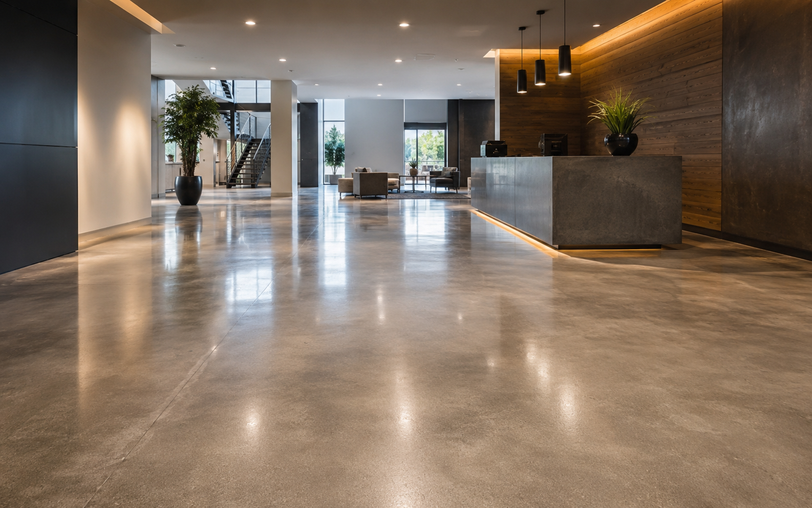 Modern commercial lobby with polished concrete flooring