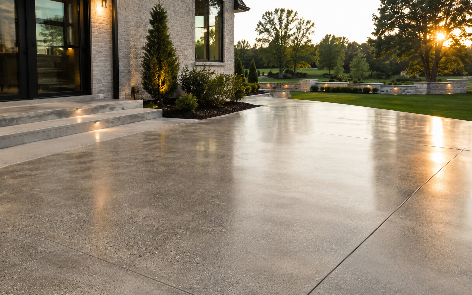 Decorative polished concrete patio and walkway at a modern home