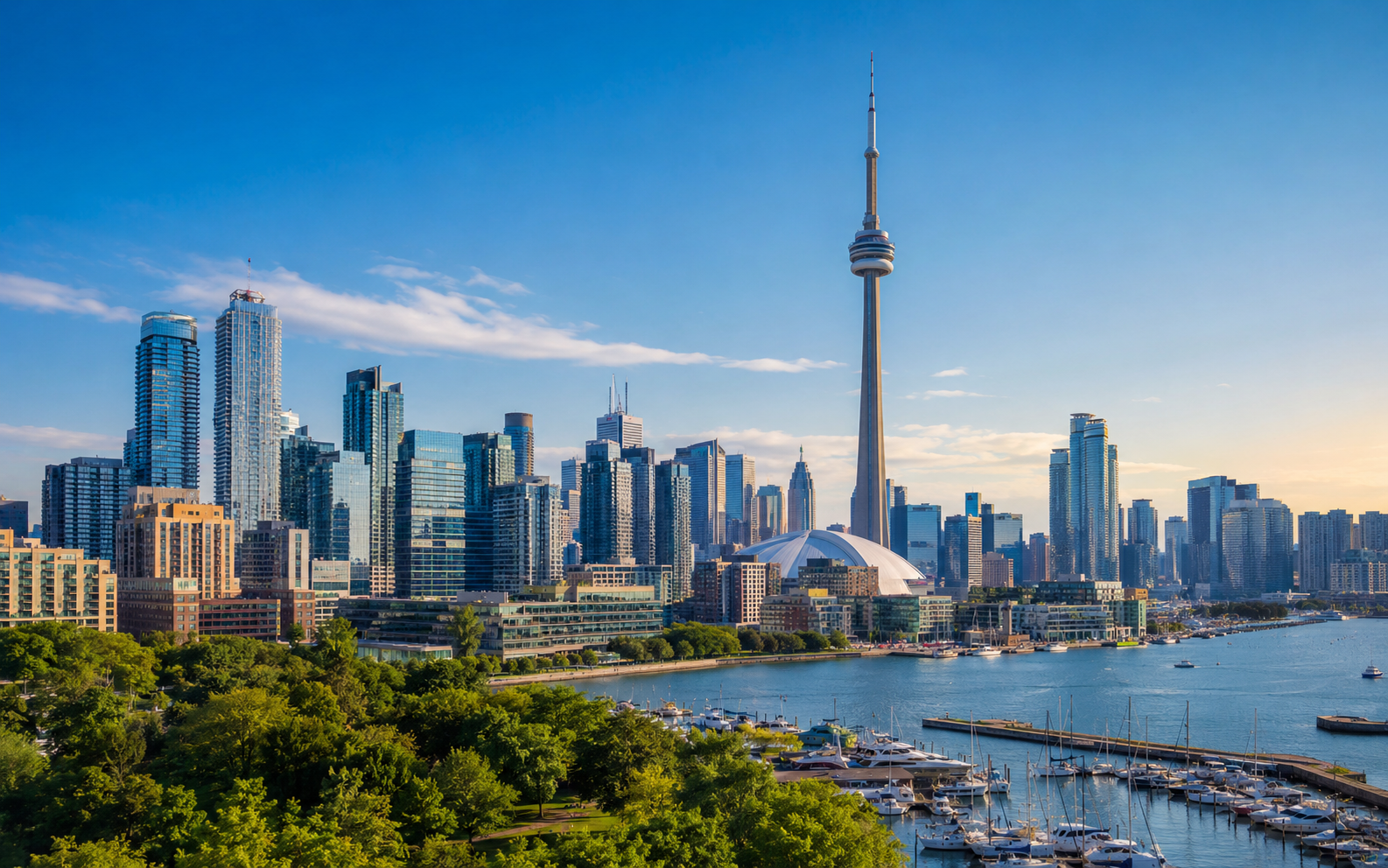 Downtown Toronto skyline with the CN Tower, waterfront, and marina