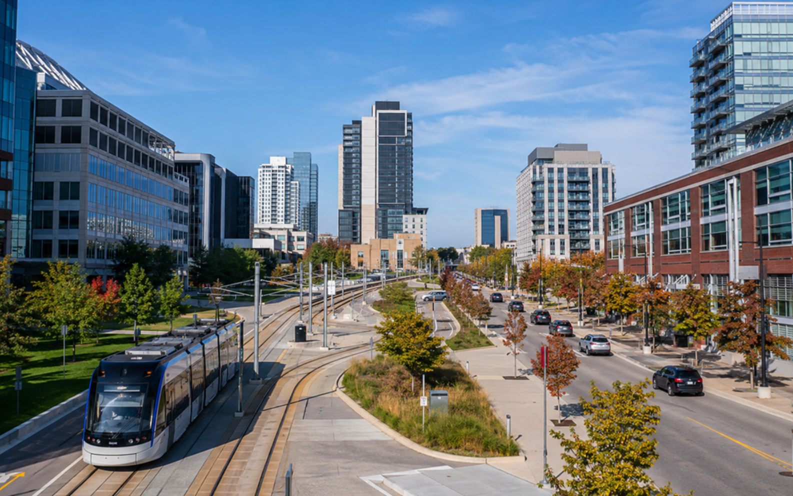 Kitchener Waterloo urban corridor with transit and modern buildings