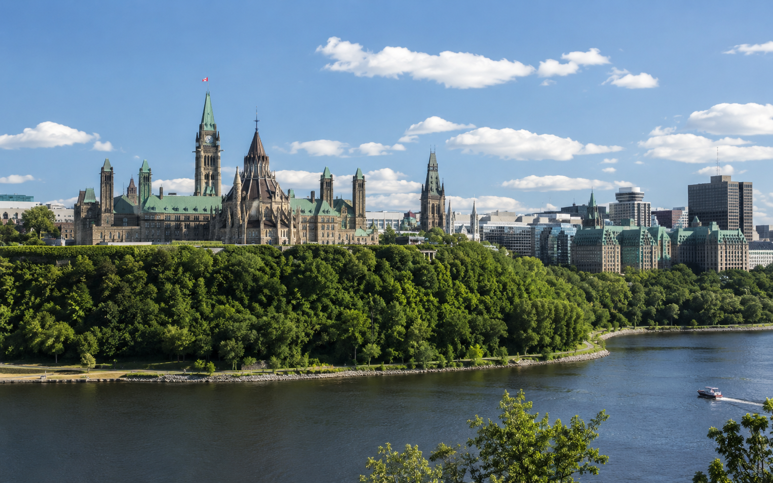 Ottawa skyline and Parliament Hill by the river