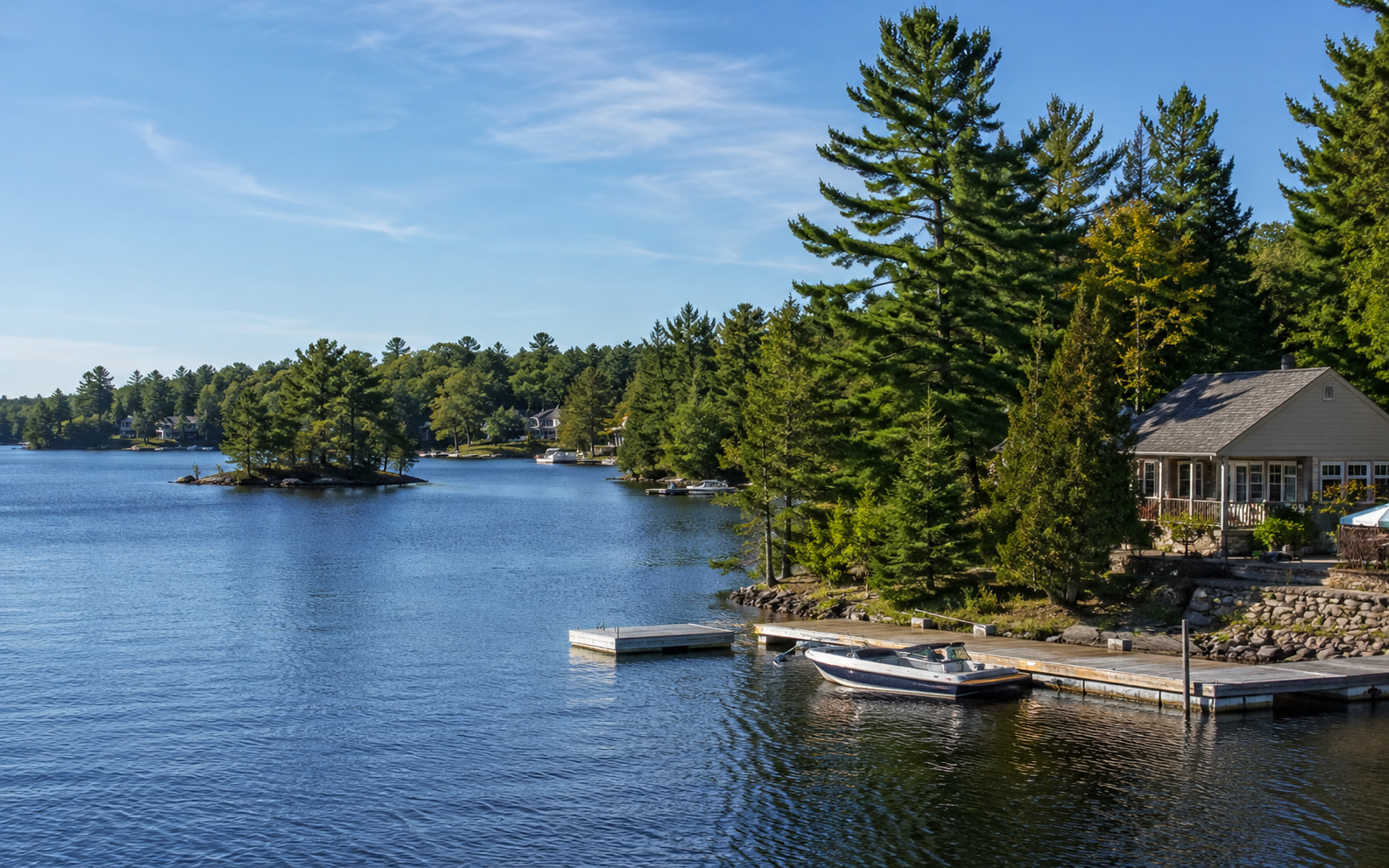 Central Ontario lakefront cottage and dock scene